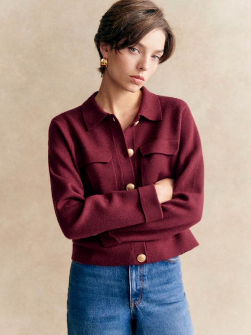 NWT Sezane Gilet Betty Bordeaux Women's Burgundy Button-Front Blazer Jacket XS - Picture 2 of 9